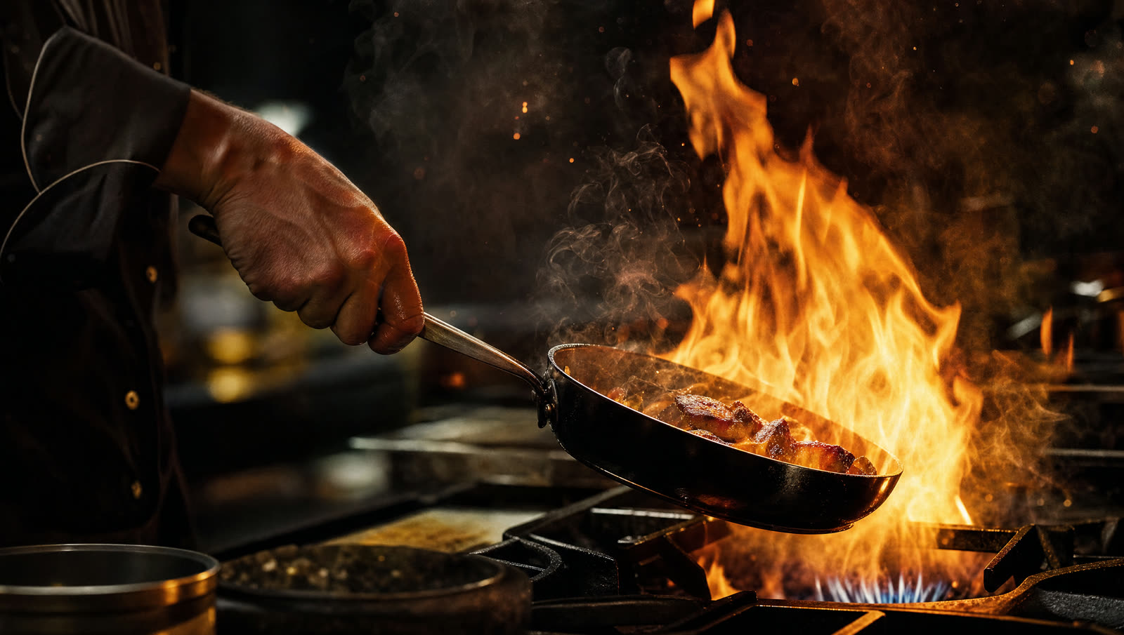 Chef cooking with open flames